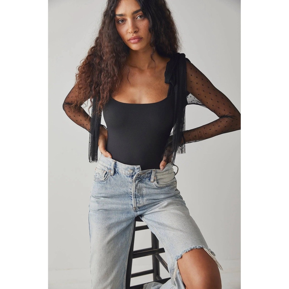 Free People Tongue Tied Lace mesh Tie Shoulder Cute Bodysuit in Black Medium NWT